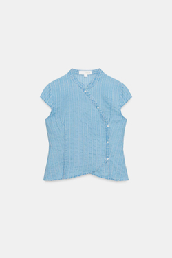 ZARA ТОП НА ЗАПÁХЕ В ПОЛОСКУ С ПУГОВИЦАМИ, ГОЛУБОЙ