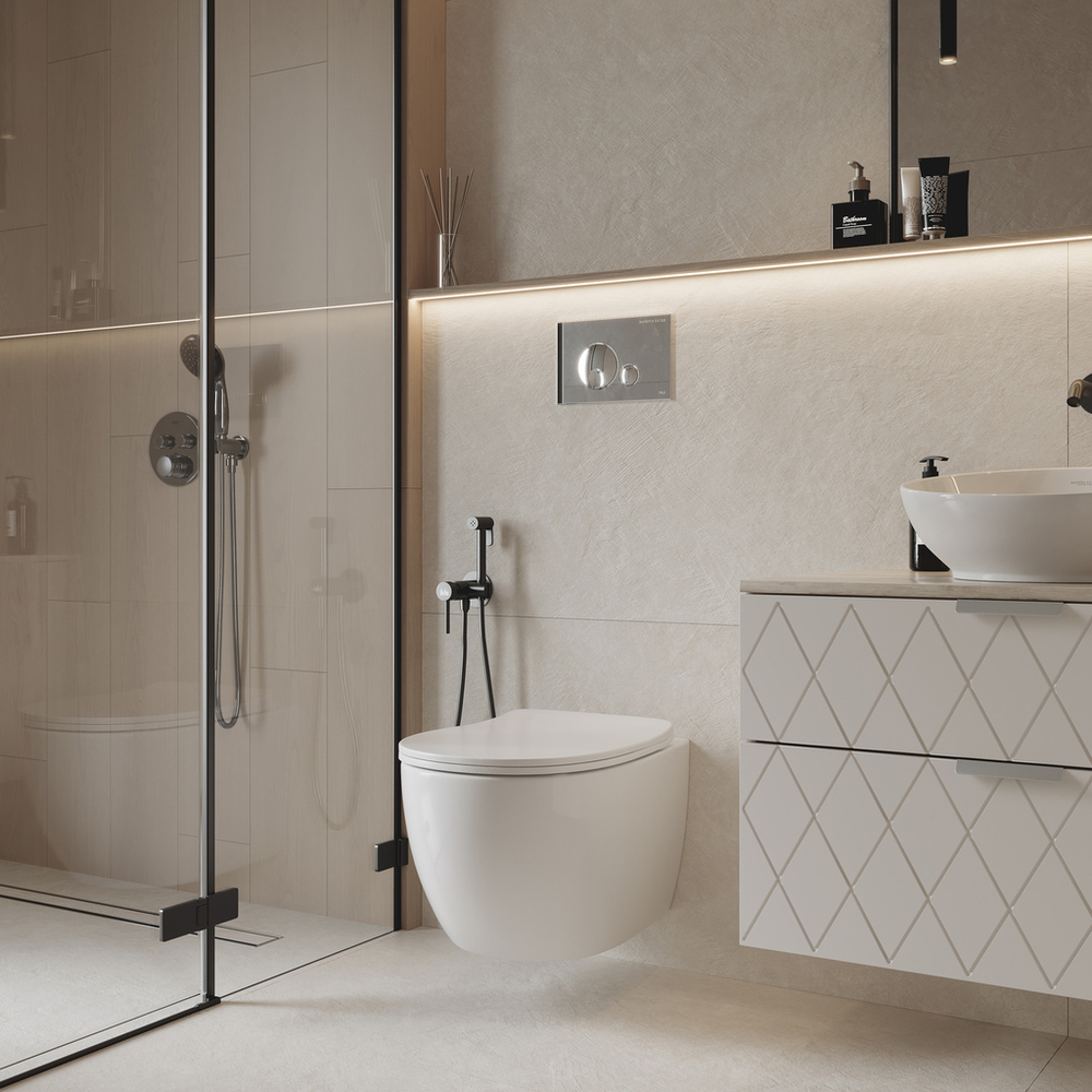 Комплект Sanita Luxe "Система инсталляции OLI+подвесной унитаз Galaxy RML SLM + круглая кнопка ХРОМ"