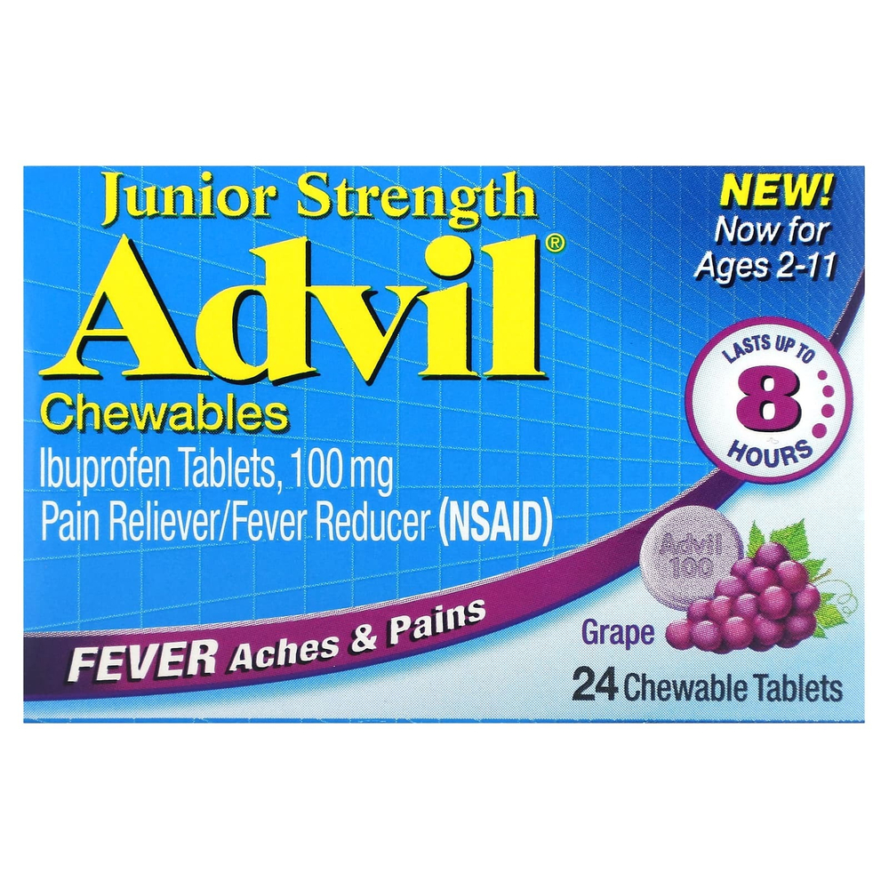 Advil, Junior Strength, жевательные таблетки, для возраста 2–11 лет, виноград, 100 мг, 24 жевательные таблетки
