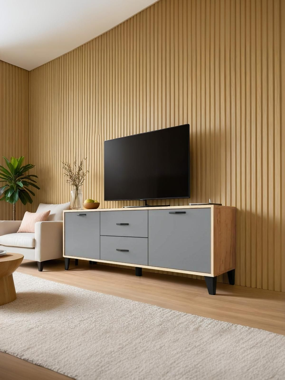 Тумба под ТВ Микон ТВМ-6, ЛДСП, дуб крафт золотой, серая, 150,2х38,3х54,3 см