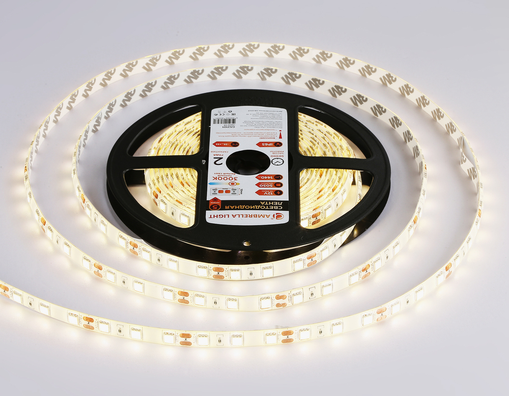 Светодиодная лента GS2101 5050 60Led/ 14.4W m/ 12V IP65 3000K/ 5000*10*2.87mm/ кратность резки 50mm (2 конт.)
