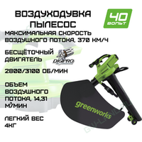 Воздуходув-Садовый Пылесос аккумуляторный Greenworks Арт. 2406907, 40V, бесщеточный
