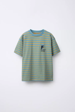 ZARA ФУТБОЛКА В ПОЛОСКУ С ВЫШИВКОЙ, СИНИЙ