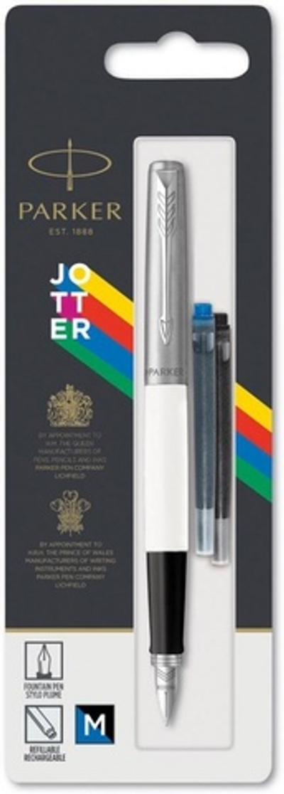 Перьевая ручка Parker Jotter, цвет ORIGINALS WHITE CT, цвет чернил синий/черный, толщина линии M, В БЛИСТЕРЕ