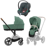 Коляска 3 в 1 Cybex Priam IV Chrome Brown complete и автокресло Aton B2 i-Size Steel Grey Leaf Green