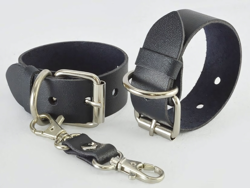 Наручники из натуральной кожи Новичок (Цвет: черный с синим)
