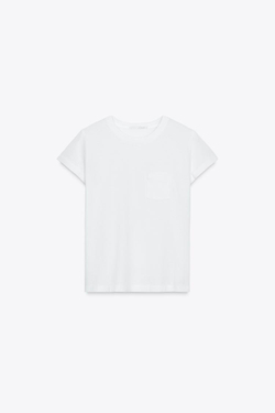 ZARA ФУТБОЛКА ИЗ ТКАНИ С ЭФФЕКТОМ ПОТЕРТОСТИ С КАРМАНОМ, БЕЛЫЙ