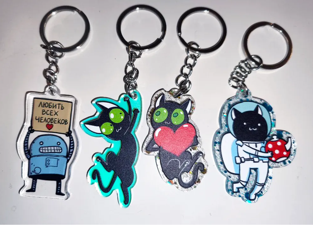 Брелки акриловые "Кошки-мышки". Кот, робот, сердце и космонавт