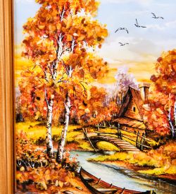 AMB-74/48 Картина «Избушка в лесу» (с янтарной крошкой) дер.краш.рамка 12х15