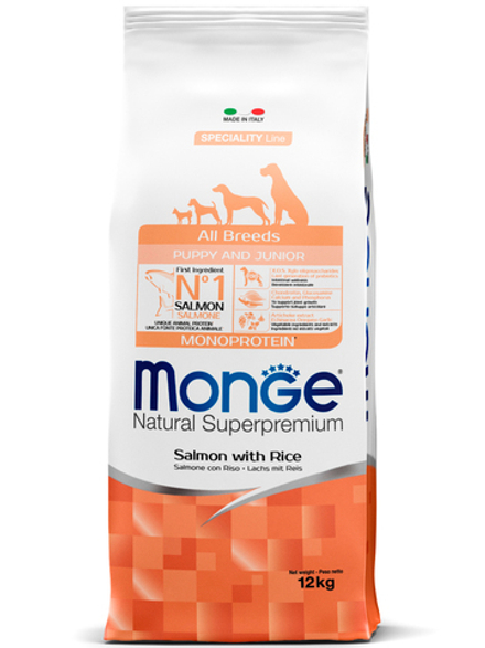 Сухой корм Monge Dog Speciality Line Monoprotein Puppy&Junior корм для щенков всех пород, из лосося с рисом 12 кг