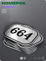 Номерок на дверь квартиры 664, для кабинета, офиса, шильдик 9 х 7 см, серебристый, Айдентика Технолоджи