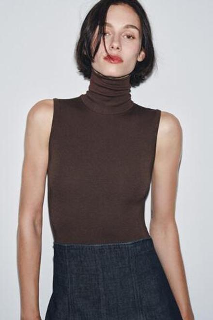 ZARA БАЗОВОЕ БОДИ С ВЫСОКИМ ВОРОТНИКОМ, КОРИЧНЕВЫЙ