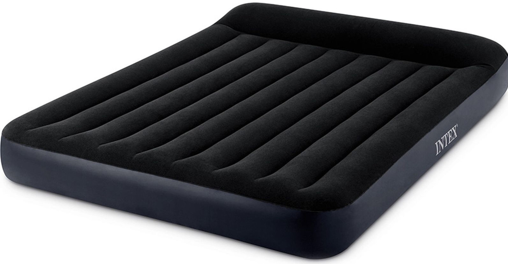 Мaтрас нaдувной Intex 64143 Pillow Rest 152х203х42 см / Крoвать нaдувная Интeкс двухспальная велюровая со встроенным электронасосом 220V и подголовником