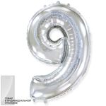 Шар (40"/102 см) Цифра, 9, Серебро, в упак. 1 шт.