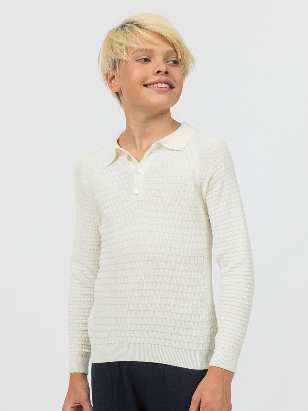 Поло для мальчика с длинным рукавом в школу AT1080 молочный