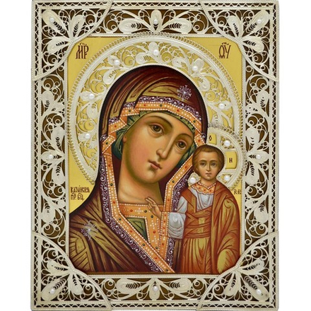 Казанская Божия Мать. Рукописная икона с серебряной филигранью.