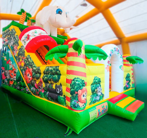 Детский надувной батут-горка "Слоник в джунглях" с прямым скатом 7*5*6 м