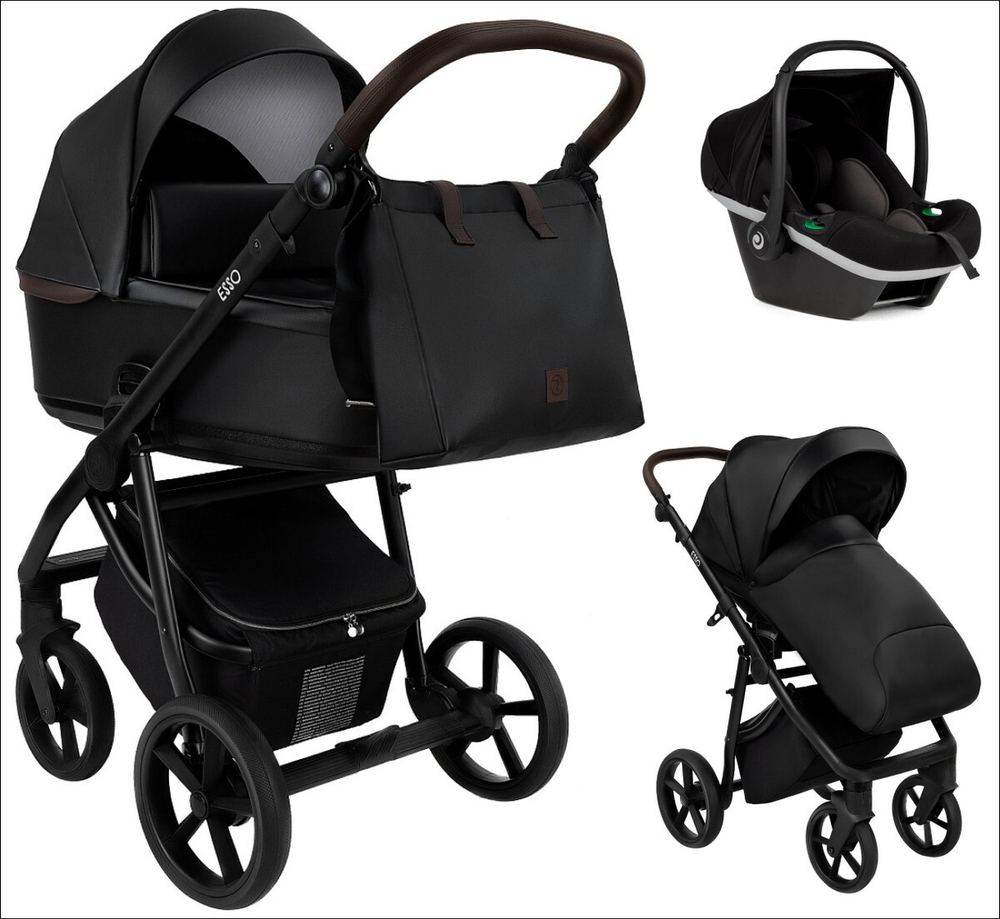 Детская коляска Roan Esso 2025 Кожа 3 в 1 с автокреслом Tutis Elo Black ESSK/210/1 Black /Black/руч.Тем.коричневый