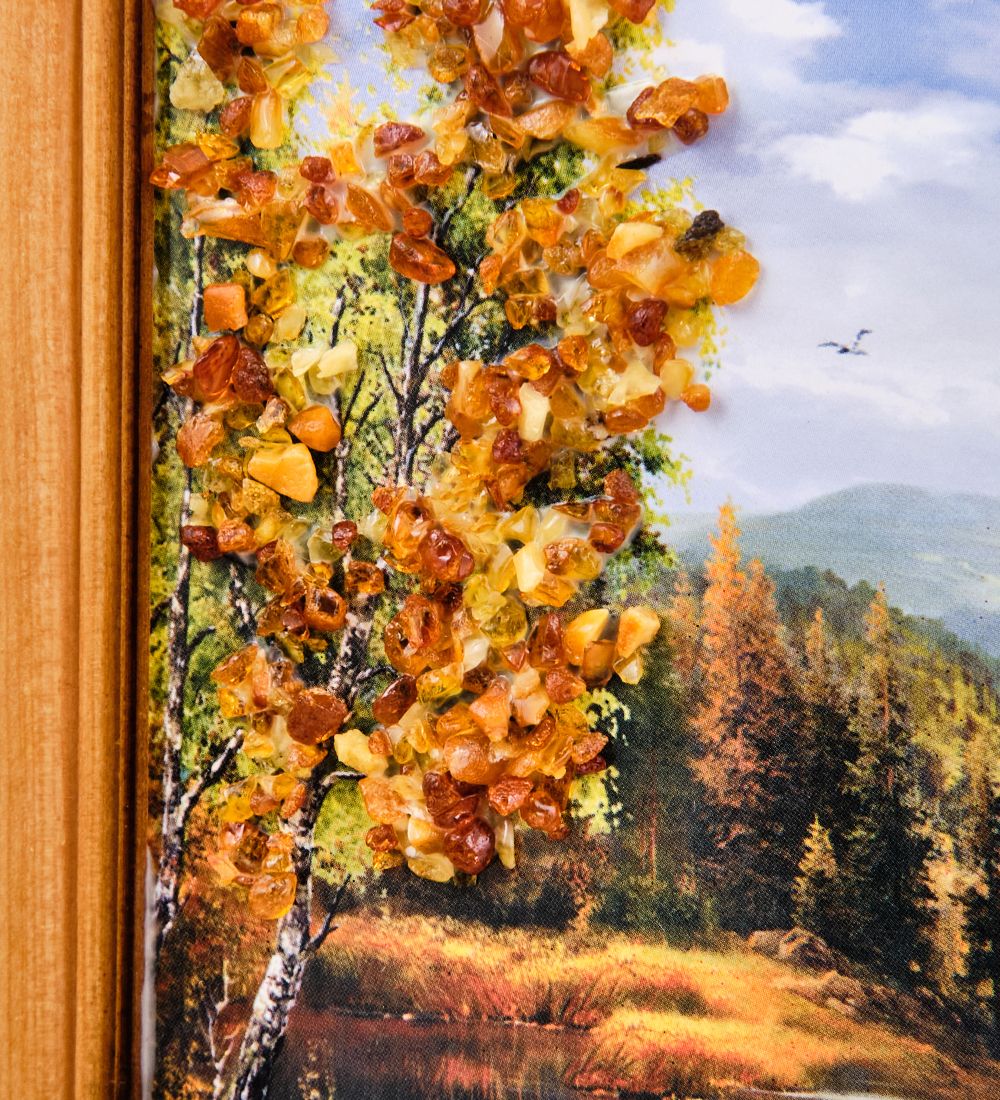 AMB-74/60 Картина «Часовня у озера» (с янтарной крошкой) дер.краш.рамка 12х15