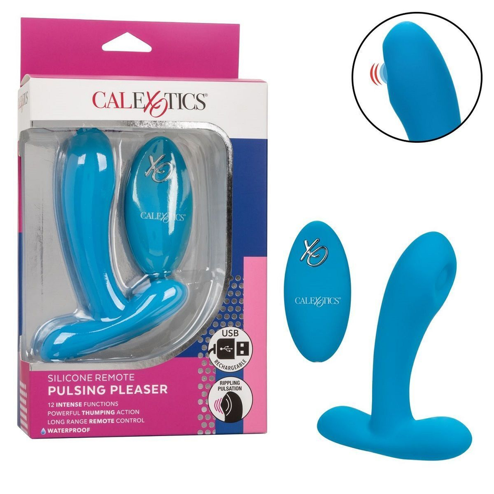 Голубой массажер простаты Silicone Remote Pulsing Pleaser - 11,5 см. (Цвет: голубой)
