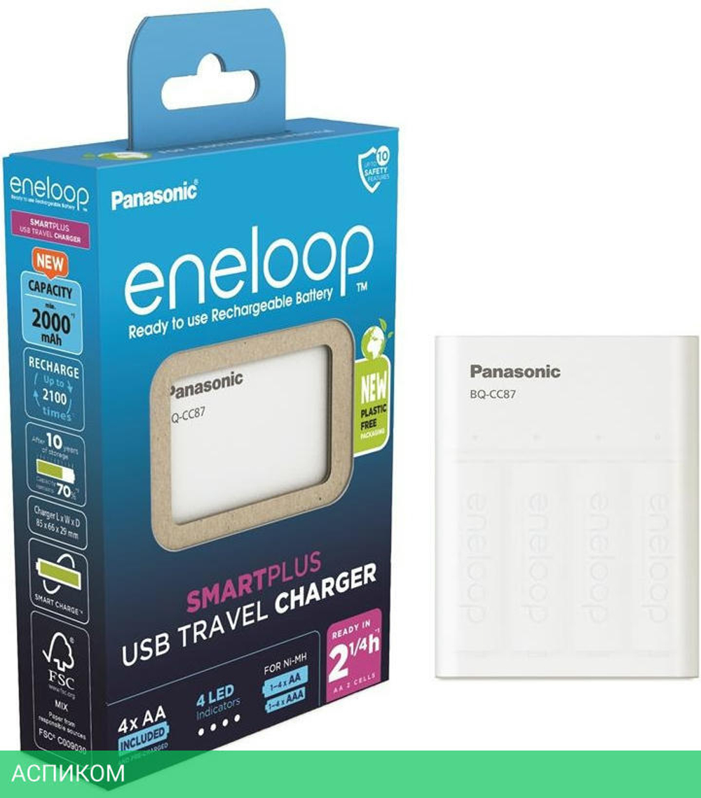 Аккумулятор с зарядным устройством Panasonic Eneloop BQ-CC87/4xBK-3MCCE USB-Charger (K-KJ87MCD40USB)
