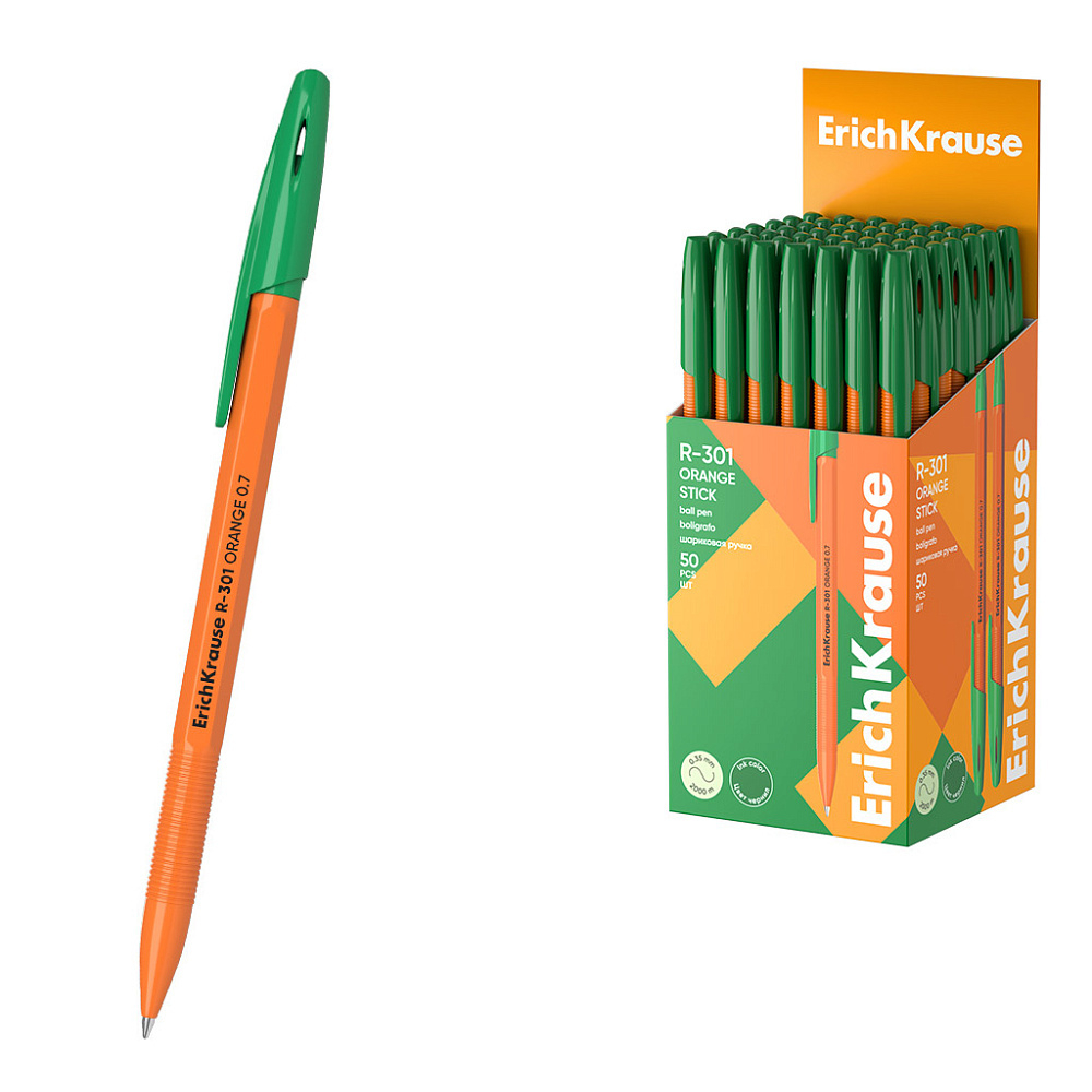 Ручка шариковая ErichKrause R-301 Stick Orange 0.7, цвет чернил зеленый (в коробке по 50 шт.)