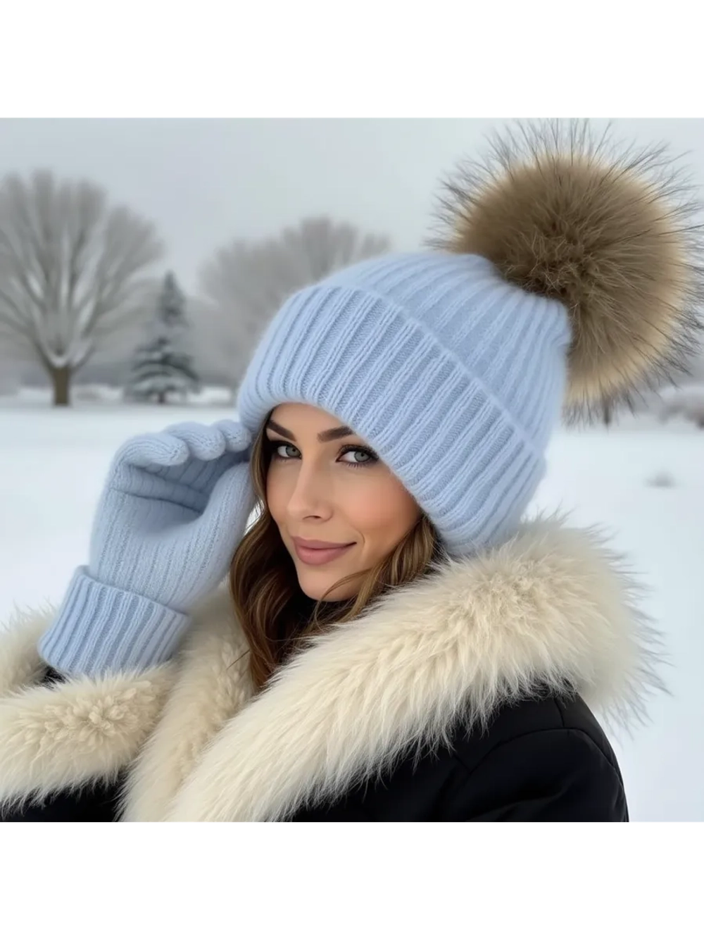 шапка ангора с меховым помпоном зимняя пушистая стильная