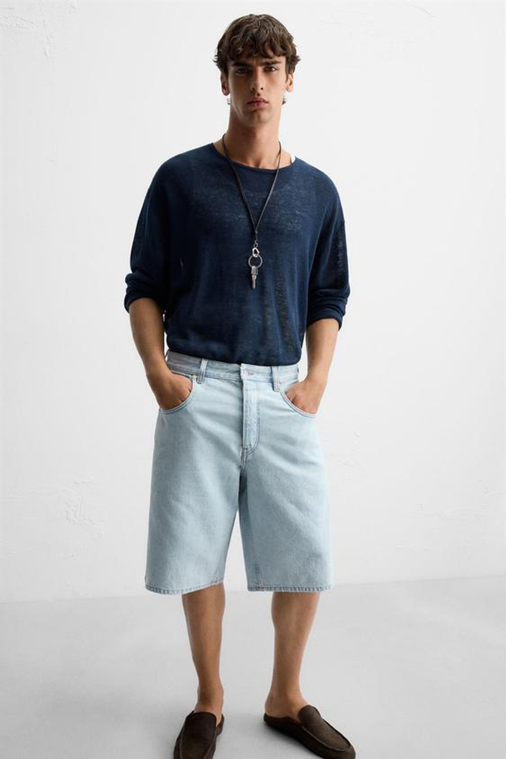 ZARA ДЖИНСОВЫЕ ШОРТЫ-БЕРМУДЫ BAGGY FIT, ГОЛУБОЙ