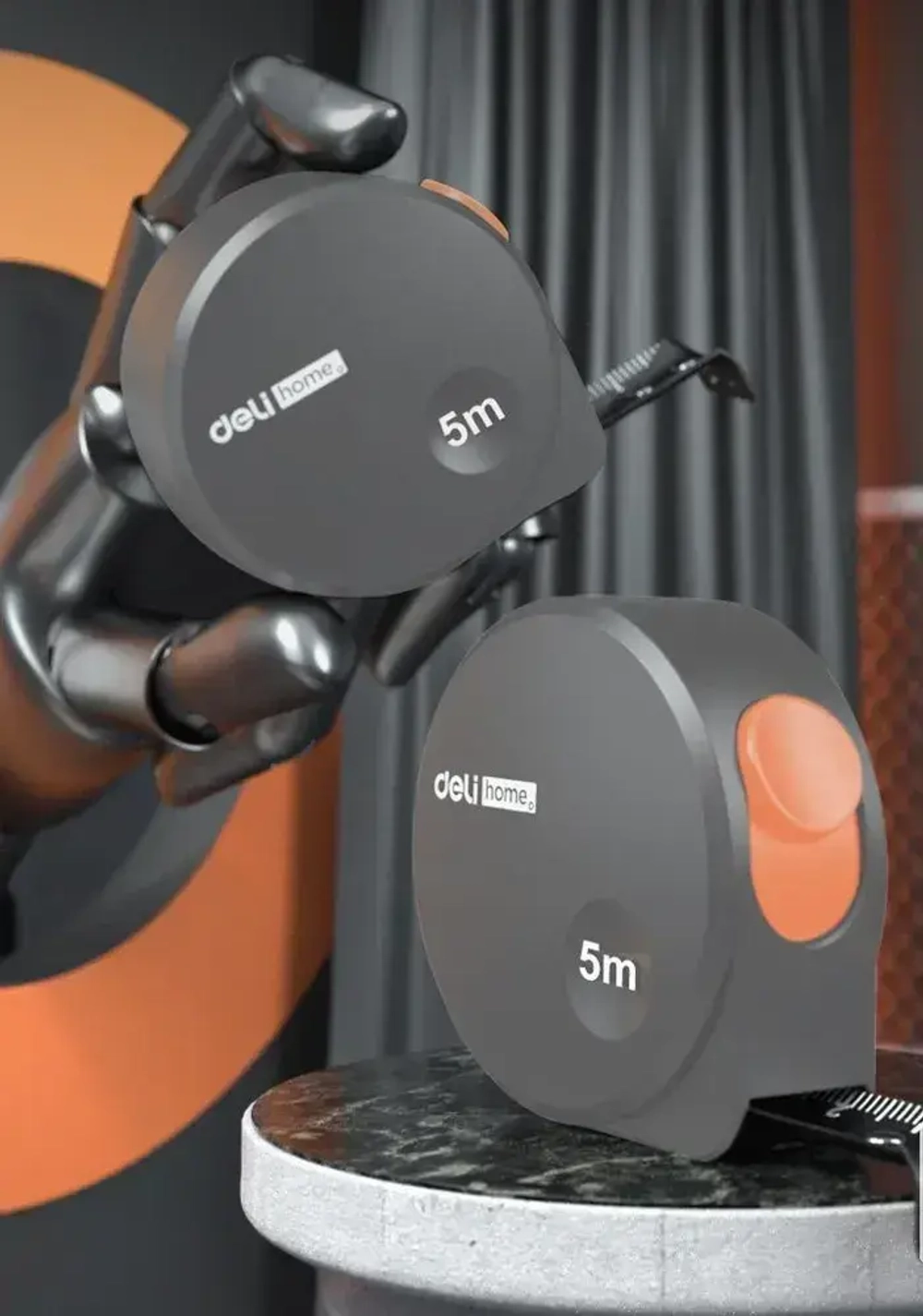 Рулетка "Home Series Gray" Deli HT8519C 5мх19мм (Эксклюзивный дизайн, корпус из софттач пластика, противоскользящая резиновая вставка, подарочная упаковка)