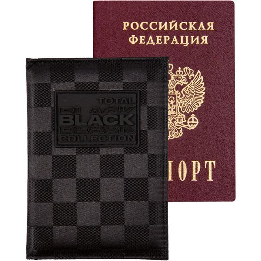 Обложка для паспорта "TOTAL BLACK " кожзам, поролон, объемная аппл., 1отд.д/визиток