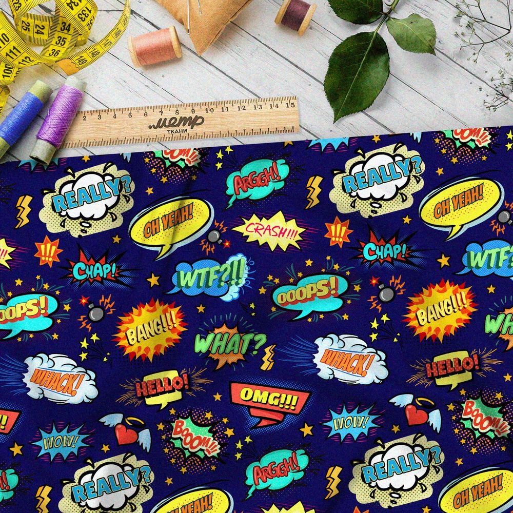 Ткань бифлекс мелкие звуки из комиксов на тёмно-синем фоне