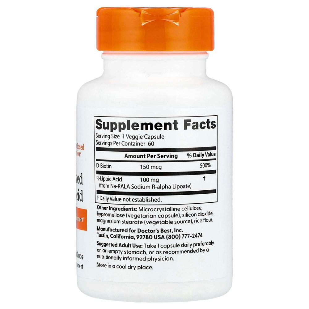 Doctor's Best, стабилизированная R-липоевая кислота, 100 мг, 60 растительных капсул