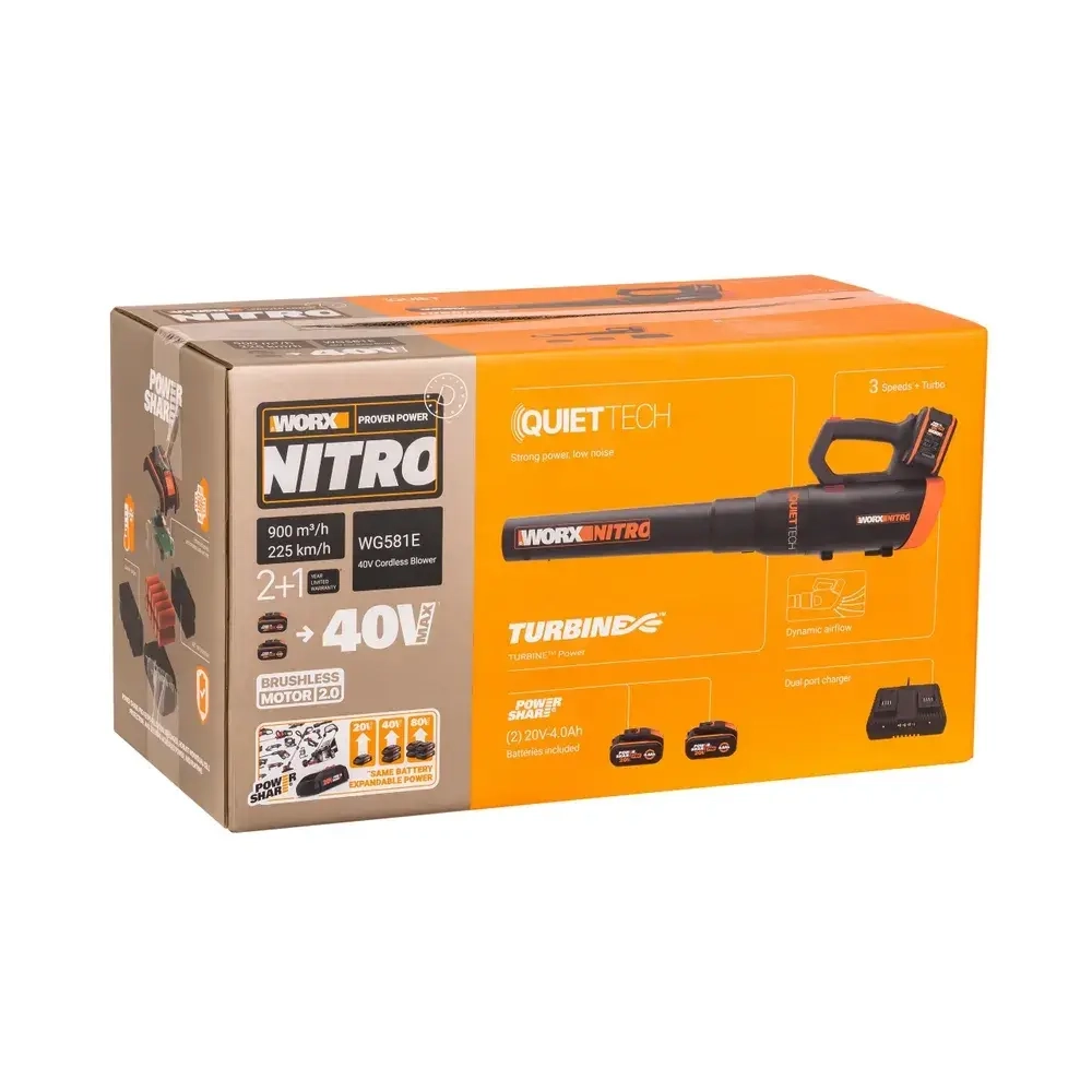 WORX WG581E 40В воздуходувка аккумуляторная (2 x 4 Ач, ЗУ) 62.5 м/с