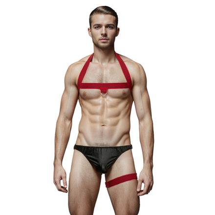 Мужской костюм "Танцор" 3 в 1: черные тонги, красные портупея и подвязка LaBlinque LB15708
