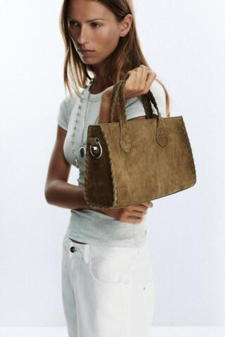 ZARA СУМКА CITYBAG ПЛЕТЕНОЙ ЗАМШИ, ЗЕЛЕНЫЙ