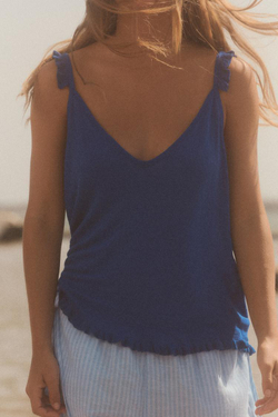 ZARA ТРИКОТАЖНЫЙ ТОП С БРЕТЕЛЯМИ И ВОЛАНАМИ, ЯРКО-СИНИЙ