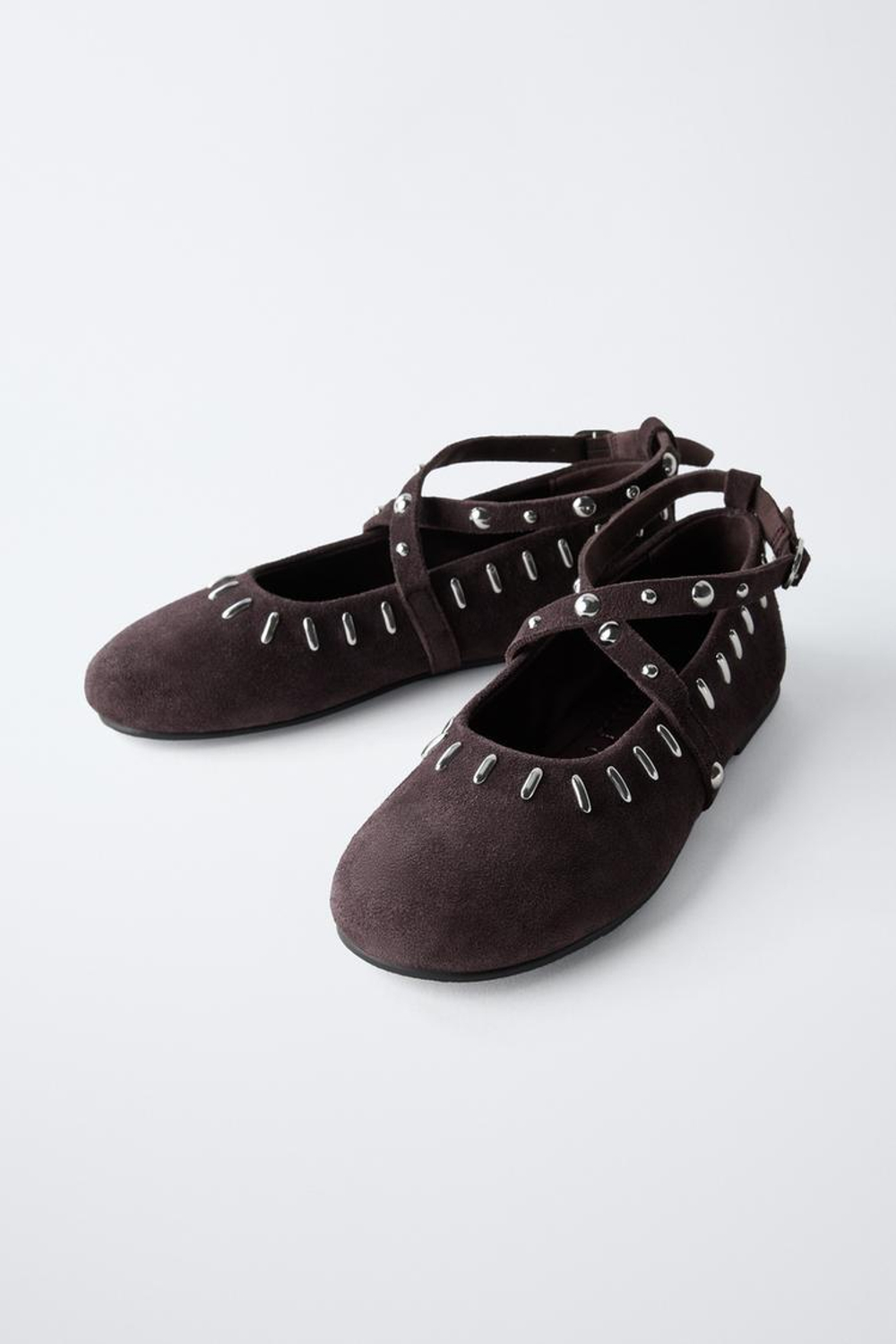 ZARA ЗАМШЕВЫЕ БАЛЕТКИ С ЗАКЛЕПКАМИ, ЛИЛОВЫЙ