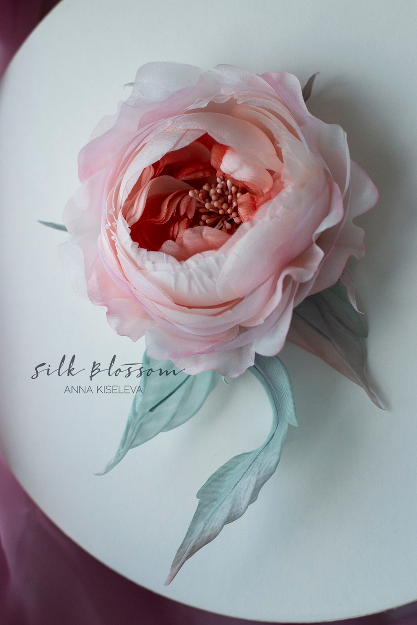 Брошь из шелка Английская роза персиковая