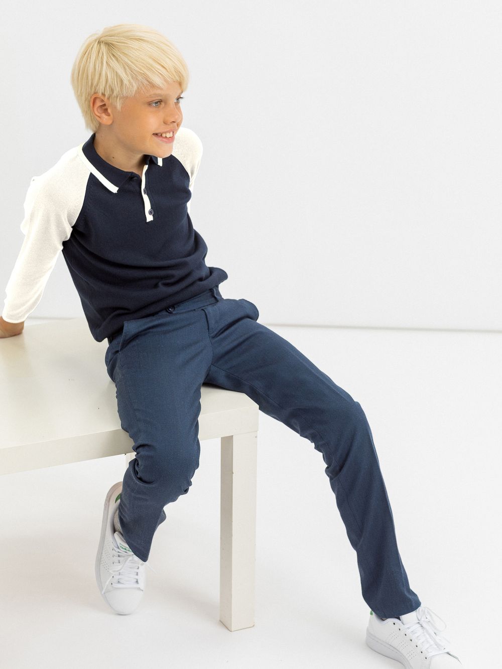 Джемпер поло для мальчика 497-1 синий-молочный