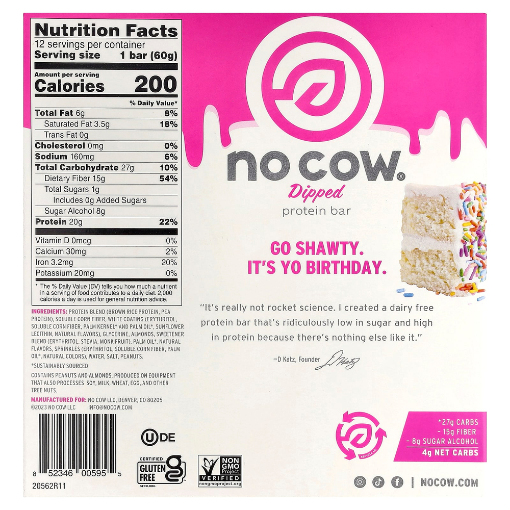 No Cow, протеиновый батончик в глазури, со вкусом праздничного торта, 12 батончиков по 60 г (2,12 унции)
