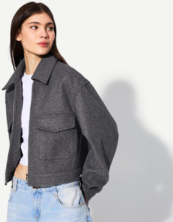 BERSHKA Мягкая укороченная куртка на молнии, темно-серый