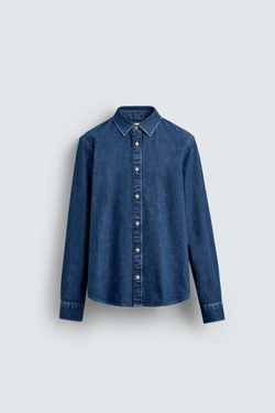 ZARА ДЖИНСОВАЯ РУБАШКА С ОТДЕЛОЧНОЙ СТРОЧКОЙ, ВЫЦВЕТШИЙ СИНИЙ