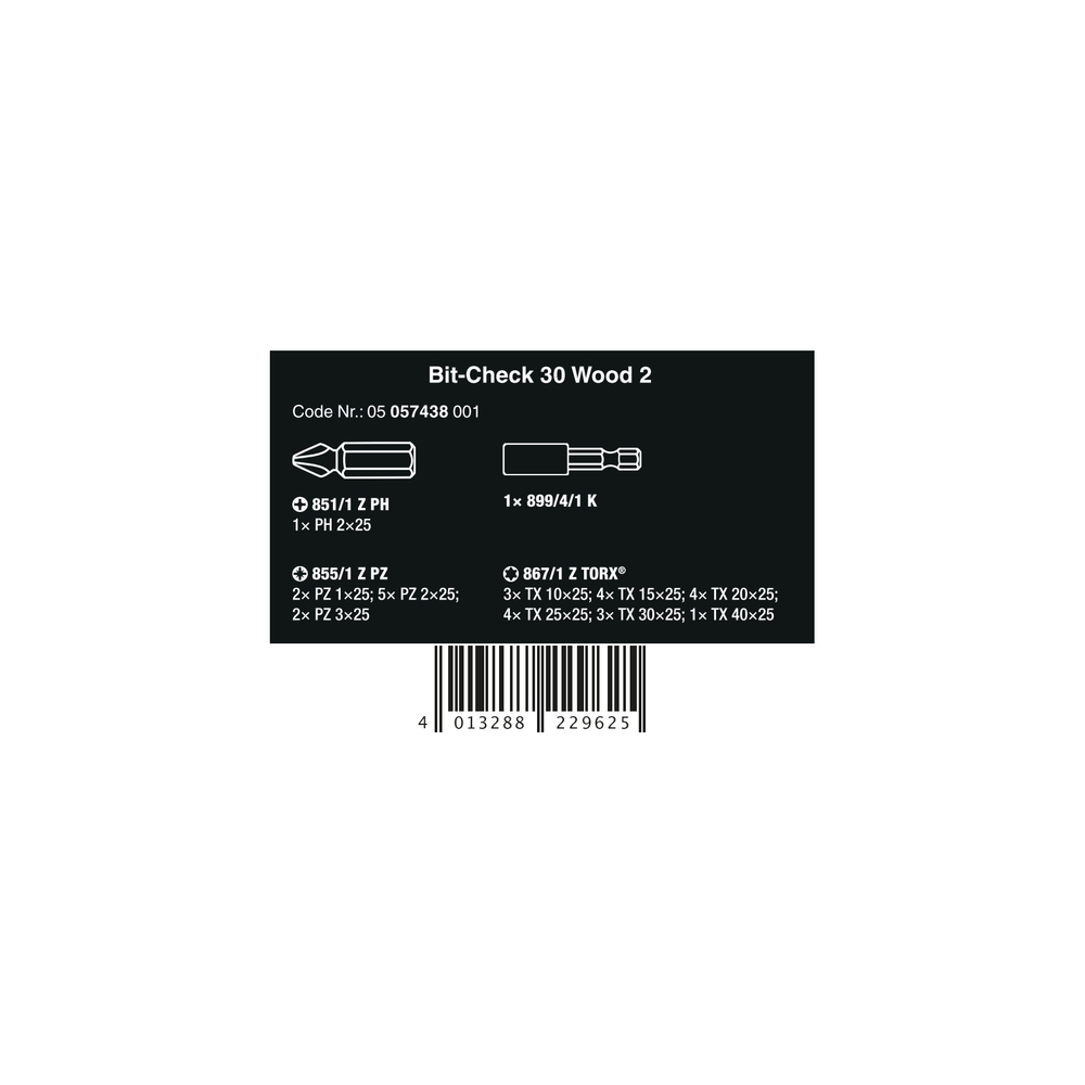 Набор бит Wera  Bit-Check 30 Wood 2 SB 05057438001
