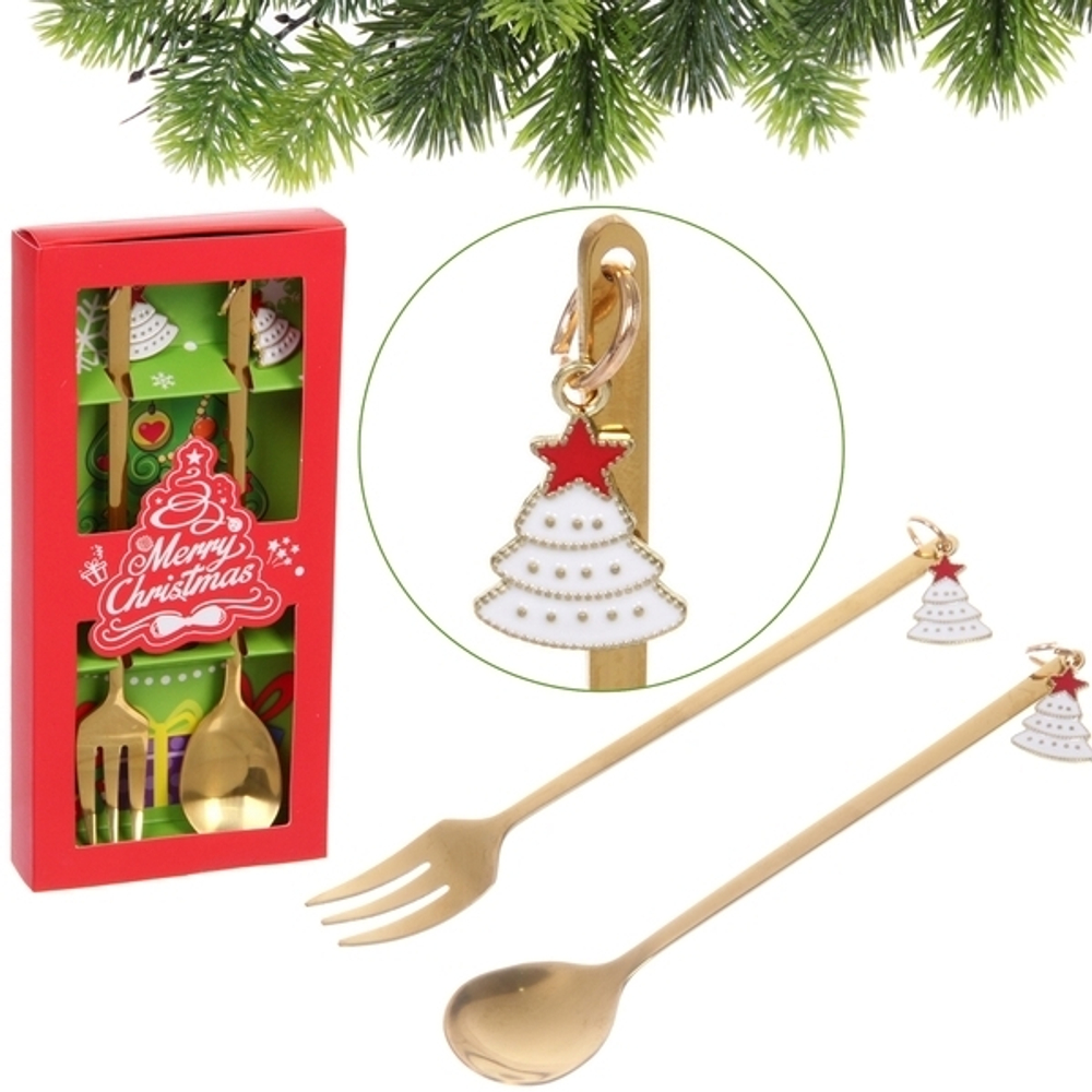 Набор для десерта «Ёлочки» 2предмета (ложка+вилка) в подарочной коробке,цвет золото