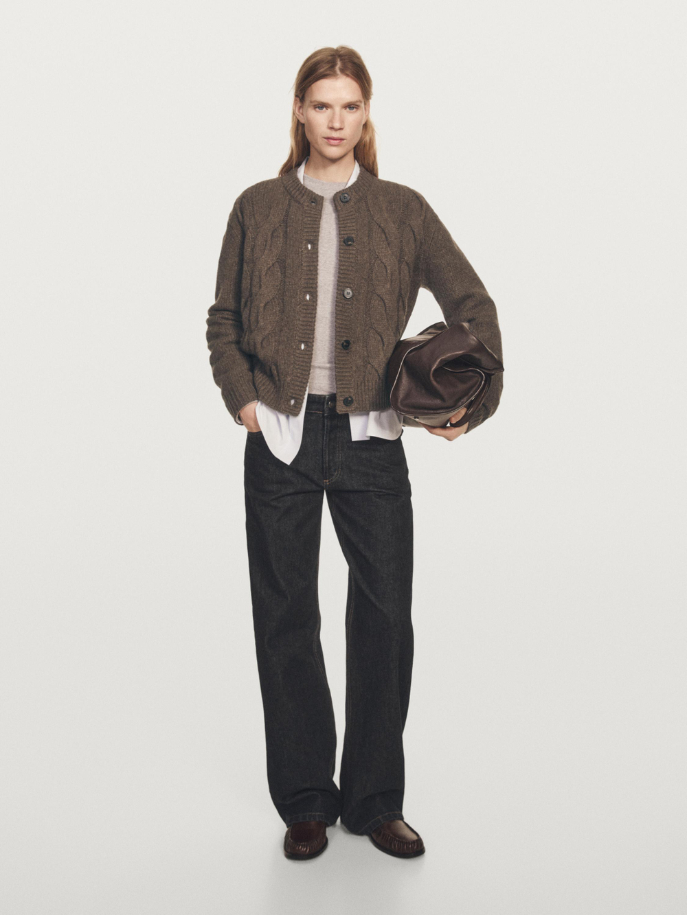 Massimo Dutti Кардиган из смесовой шерсти с узором «косы», дымчатый