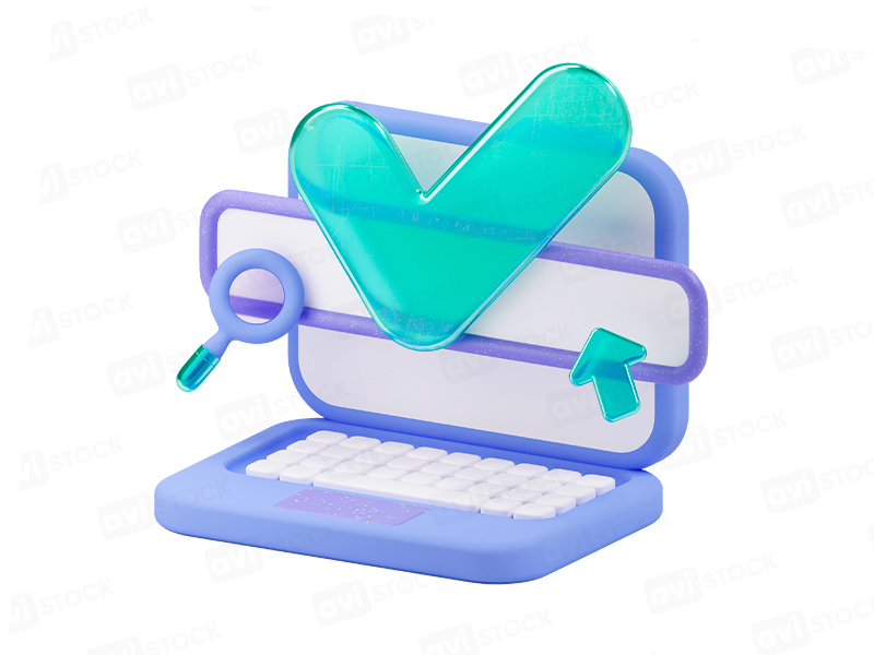 3D ноутбук с поисковой строкой и галочкой подтверждения