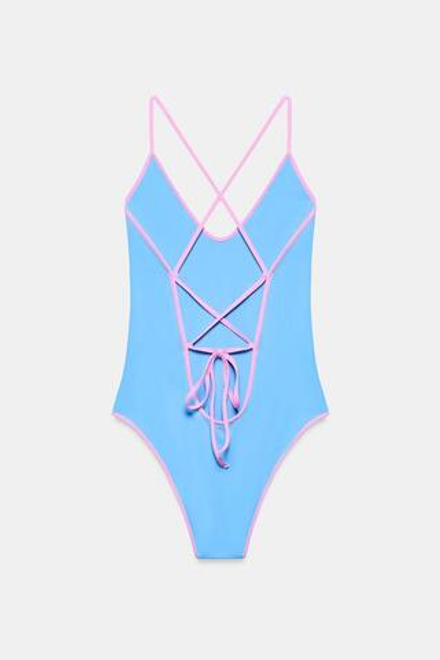 ZARA ОДНОТОННЫЙ КУПАЛЬНИК С КОНТРАСТНЫМИ БРЕТЕЛЯМИ, НЕБЕСНО-ГОЛУБОЙ