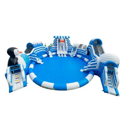 Надувной наземный аквапарк «Морское царство 3» с фигурой пингвина, 21*20*6 м