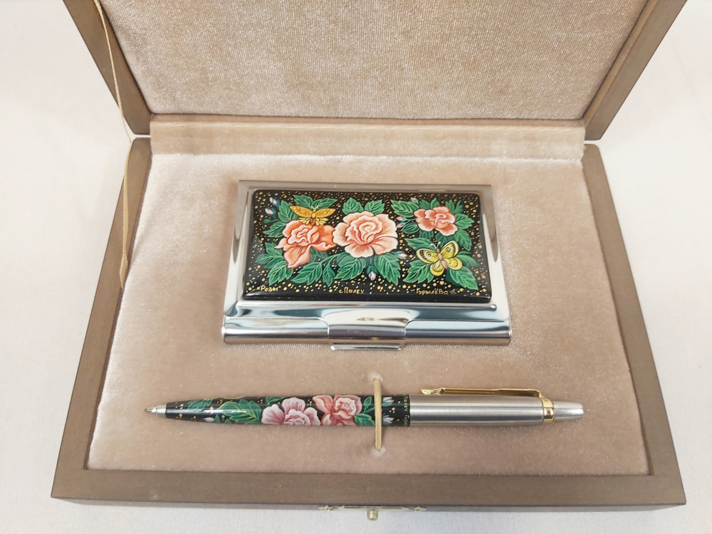 Набор "Розы" визитница и ручка Parker с ручной росписью Палех