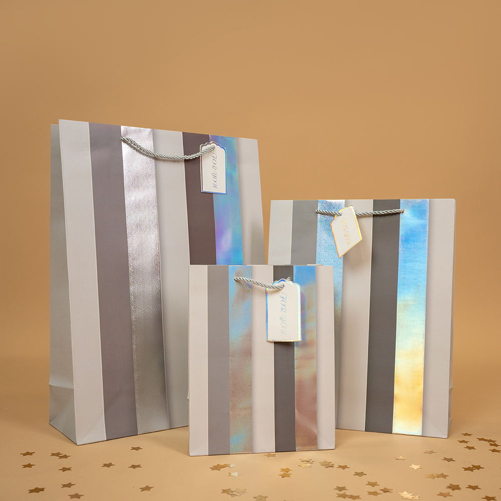 Пакет подарочный, 210гр, Вертикальные полосы, Дизайн №4, Белый/Серебро, Металлик